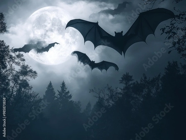 Fototapeta Group of bats flying in front of a full moon at night AI generated