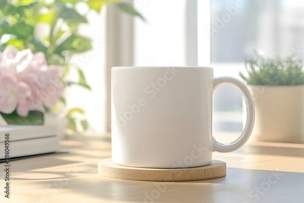 Fototapeta Simple mockup of a white blank mug with a wooden coaster, set against a cozy home office background