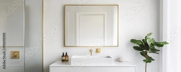 Fototapeta Frameless mirror with seamless edges in a minimalist bathroom with brass accents, minimalist bathroom mirror, sleek luxury