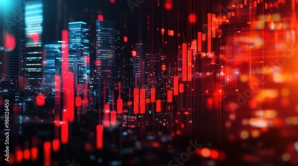 Obraz Product photo of a stock market chart with red candlestick bars on a city background.