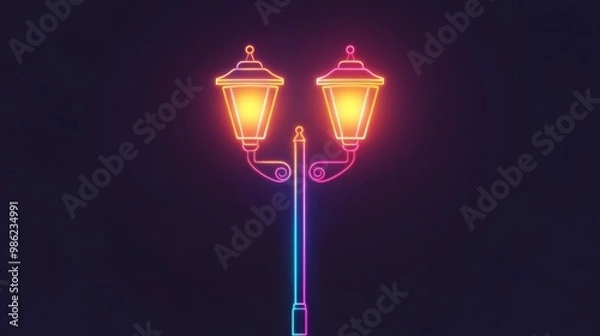 Fototapeta A neon lighted street lamp with a neon colored pole