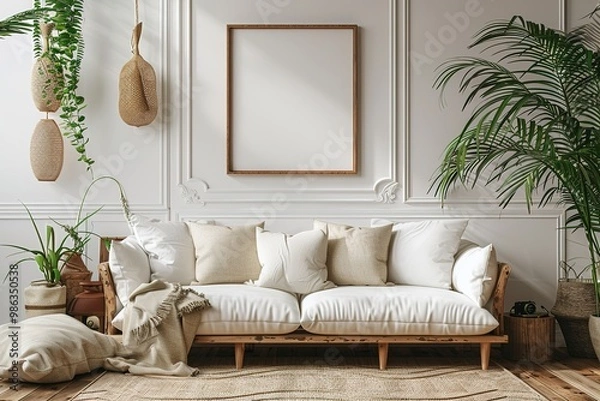 Fototapeta Design sofa, tropical plant, pillows, blanket, gramophone, and mock up picture frames are all featured in this stylish Scandinavian white room. Modern living area with white walls and brown oak parque