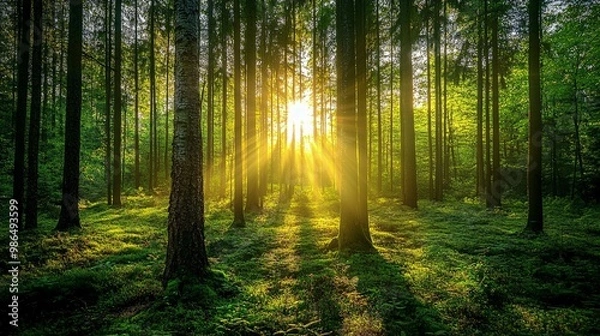 Fototapeta Sunbeams Illuminating a Lush Forest Floor