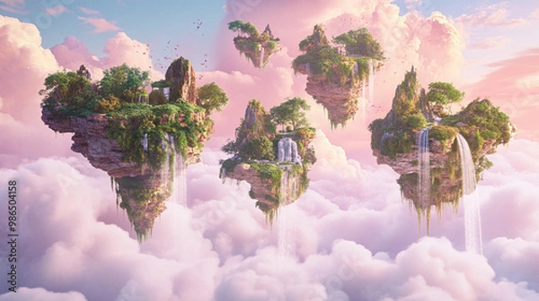 Fototapeta Floating Islands with Waterfalls and Lush Vegetation Against a Pink and Blue Sky