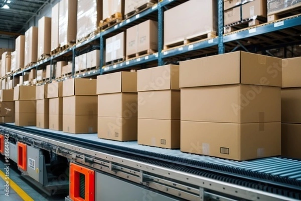 Fototapeta Holiday Gift Boxes on Conveyor Belt Inside Online Distribution Center Macro View