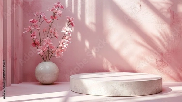 Fototapeta Minimalist marble podium with elegant pink floral display in a modern studio setting creating a glamorous and contemporary backdrop for product showcase or cosmetic presentation