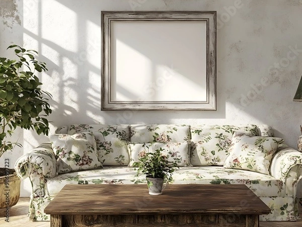 Fototapeta Cozy and Inviting Farmhouse Style Living Room featuring Distressed Wood Coffee Table Floral Upholstered Sofa and Vintage Frame Mockup with Natural Light Filtering In   High 3D