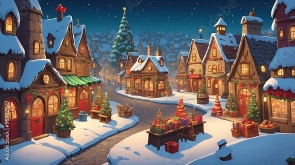 Fototapeta Christmas Village Market Cartoon Background Design