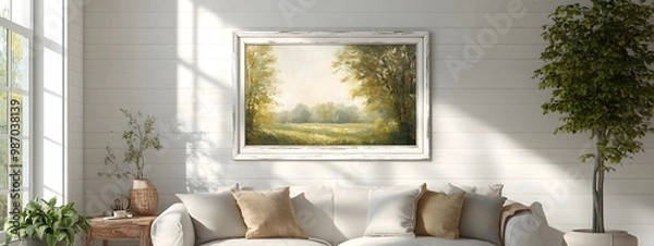 Fototapeta Weathered Farmhouse Mockup Frame in Cozy Living Room with Natural Sunlight and Muted Earth Tones   3D Rendered Impressionist Painting Technique Distressed Vintage Finish Rustic Cottage Aesthetic