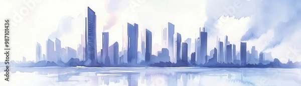 Fototapeta A serene watercolor painting of a city skyline, blending shades of blue and white, evoking tranquility and modernity.