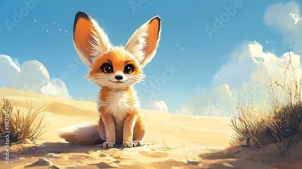 Fototapeta A cute fennec fox rests in the desert, its large ears and soft fur glowing under the sun.