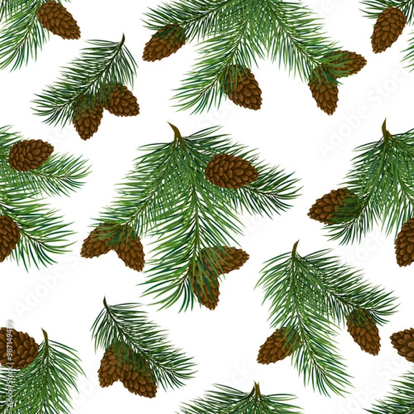 Fototapeta Pattern of fir branches with cones.Green spruce branches with cones in a color seamless pattern.