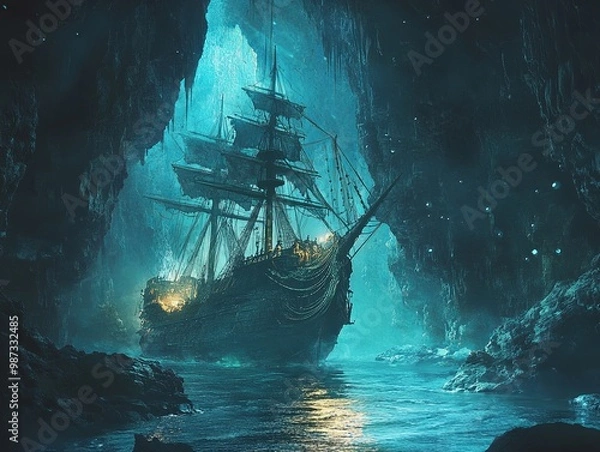 Fototapeta Enchanted Ship in Mysterious Cave at Night