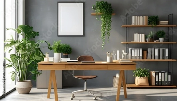 Fototapeta Minimalistic office interior featuring an empty table, chair, plant, and wall mockup, ideal for fostering creativity in a startup environment