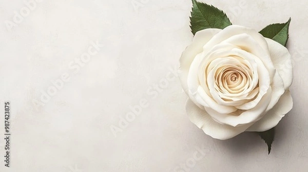 Fototapeta Top view of a white rose with a clean, neutral background, creating a large open area on one side for copy or product details.