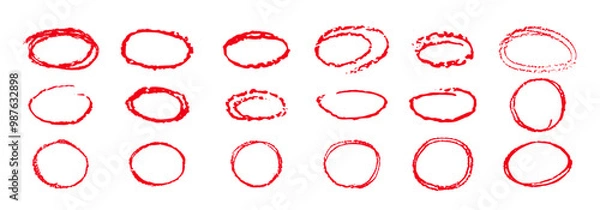 Fototapeta Red pencil highlight circles. Crayon handwritten ellipses doodle style. Round rough thin frames children drawn. Vector collection of round freehand shapes for emphasis highlights in to do list or text