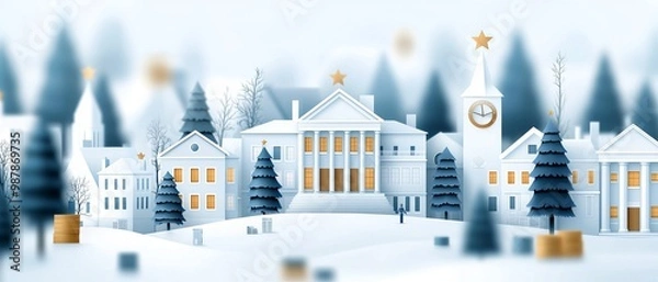 Fototapeta A serene winter landscape featuring a snow-covered town with elegant trees and charming buildings, evoking a peaceful holiday ambiance.