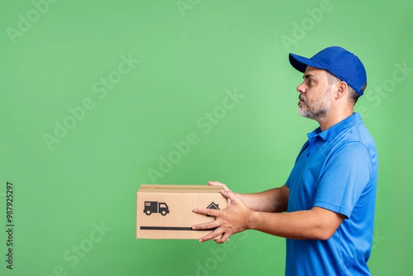 Fototapeta Side view of courier holding package, wearing blue uniform, on green screen background