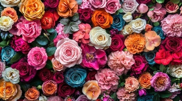 Fototapeta Lush Wall of Colorful Realistic Flowers