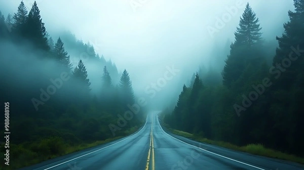 Fototapeta Foggy Road Through Forest - Nature Photography