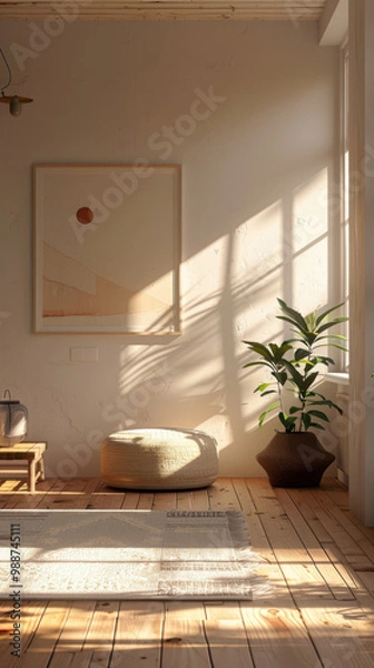 Fototapeta A cozy living room featuring natural light streaming through large windows, highlighting minimalist design with soft green pouf, potted plant, and wooden flooring. serene atmosphere invites relaxation