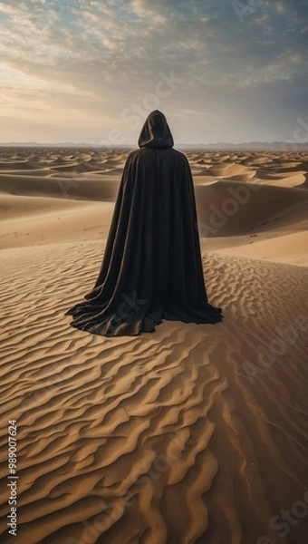 Fototapeta A person is standing in a desert wearing a black cloak