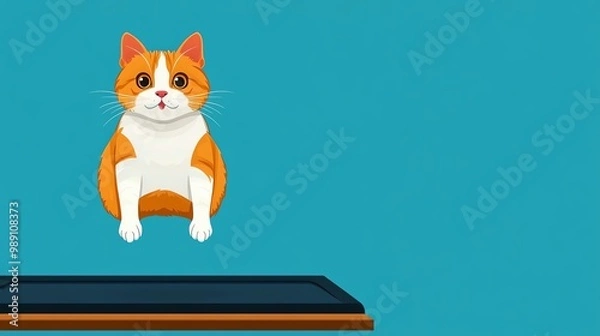 Fototapeta A playful orange and white cat captured mid-jump against a bright blue background, showcasing its agility and charm.