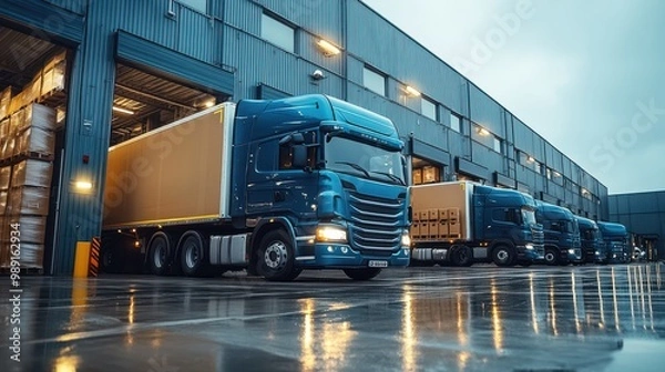 Fototapeta Semi Trucks Loading at a Warehouse  Delivery  Logistics  Cargo  Transportation