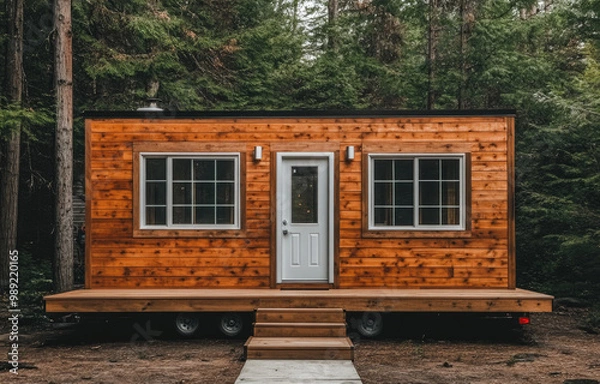 Fototapeta a tiny house on wheels in the forest, with a wooden exterior, windows, and a door in the front. There is a small deck near the entrance, surrounded by natural surroundings in a clean environment