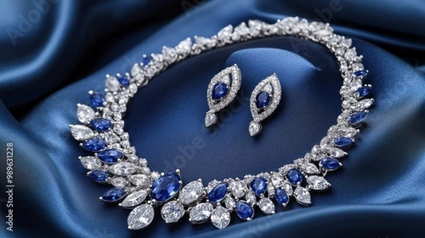 Obraz Beautiful women's platinum necklace and earrings with the appeal of blue sapphire stones and the brilliance of diamonds, presented in a close-up against a rich silk blue backdrop.