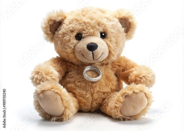 Fototapeta Adorable plush teddy bear with sparkling diamond-shaped engagement ring on its paw, sitting on a soft white background, conveying love and sweet affection.