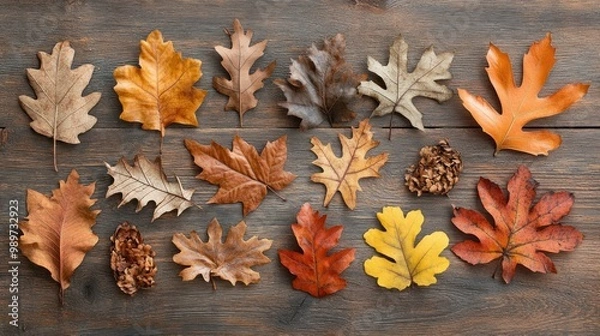 Fototapeta Autumnal Leaves on Wooden Surface