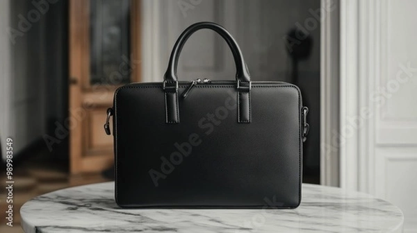 Fototapeta Sleek black leather briefcase with minimalist detailing, sitting on a marble table.