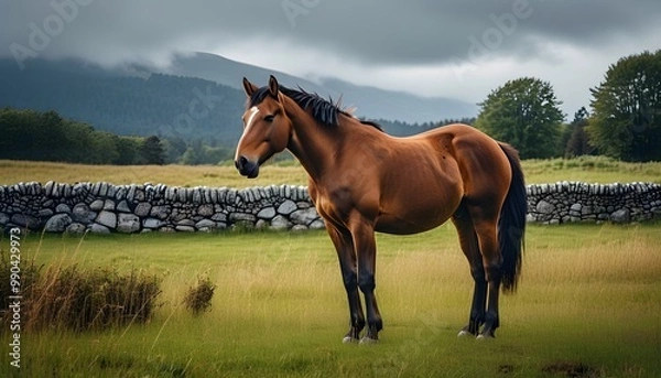 Fototapeta Pregnant Chestnut Horse in Pasture with Stone Wall on Cloudy Day, Capturing Equine Maternity and Serene Countryside Beauty