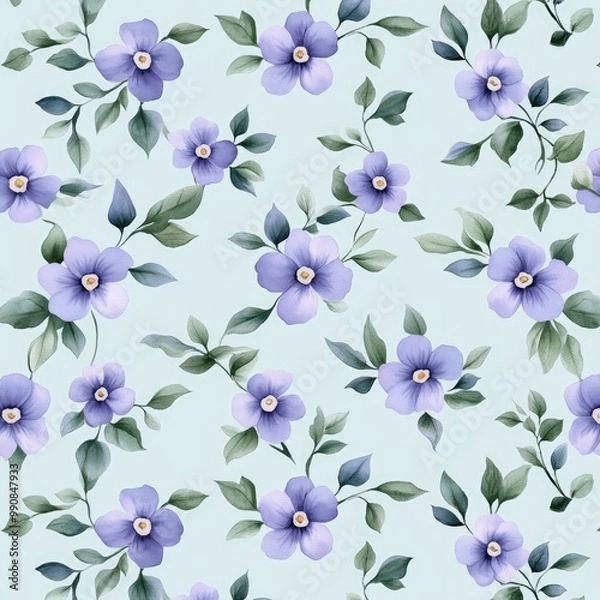 Fototapeta A delicate floral pattern featuring purple flowers and green leaves on a soft blue background, perfect for textiles or decor.