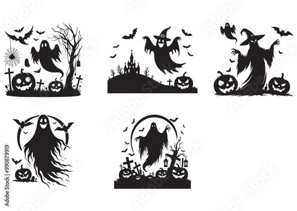 Fototapeta ghost silhouette vector illustration, set scary and funny ghost with faces, halloween ghost vector icon set, halloween boo vector silhouette ghost outline vector isolated on White Background 