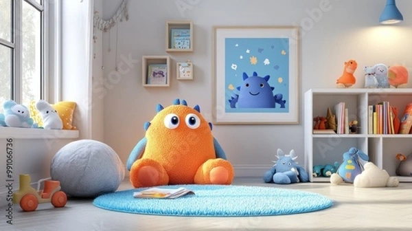 Fototapeta A plush orange monster sits on a blue rug in a child's bedroom.  The room is decorated with other plush toys, books, and a blue light fixture.