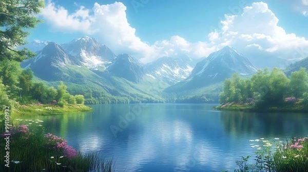 Fototapeta Serene mountain lake with snow-capped peaks and lush greenery under a bright blue sky.