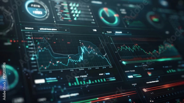 Fototapeta A digital interface tracking wealth and finance, showing real-time data on cash flow, investment returns, and financial health.