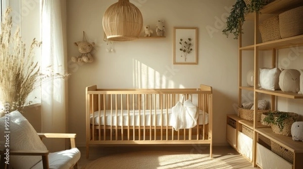 Fototapeta Cozy nursery with wooden crib and soft decor for a child.