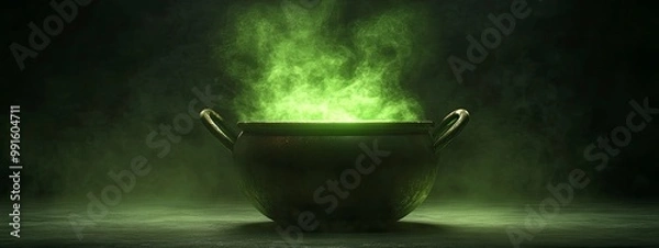 Fototapeta Detailed witchâ€™s cauldron, bubbling green potion, faint wisps of steam rising, glowing from within