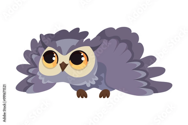 Fototapeta Funny Owl Flying Creature with Large Eyes and Wings Vector Illustration