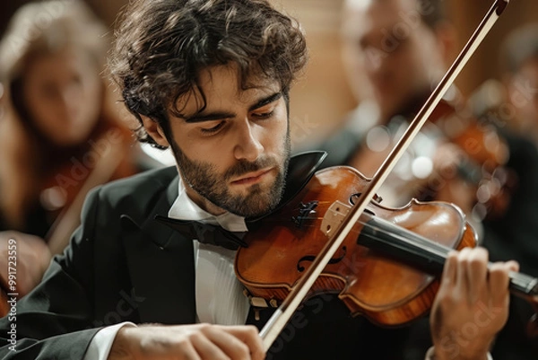 Fototapeta A man in a black suit and tie is playing a violin