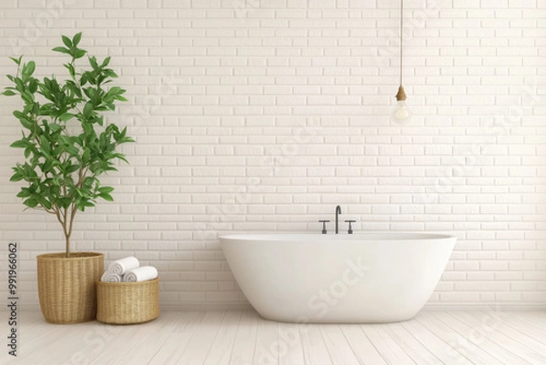 Fototapeta Minimalist bathroom with white freestanding bathtub and potted plant against a brick wall, showcasing clean and modern interior design