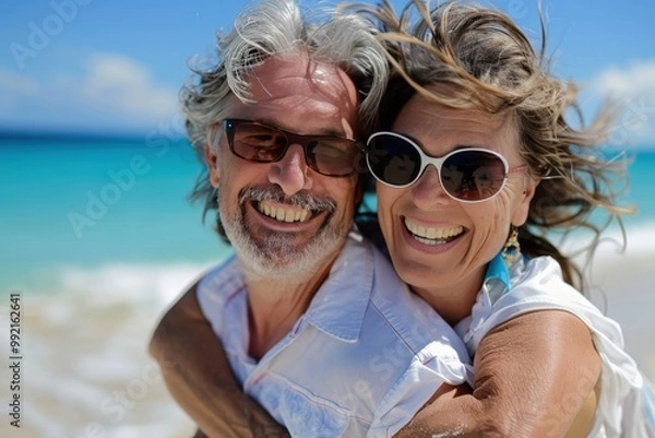 Fototapeta A man and a woman are smiling and hugging on a beach, generative ai