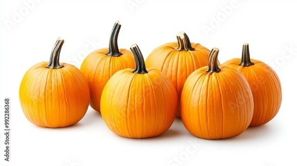 Fototapeta A row of six orange pumpkins are lined up on a white background