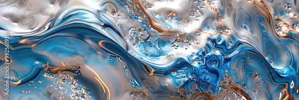 Fototapeta Fluid patterns in shades of blue and gold create mesmerizing abstract background, evoking sense of movement and depth. interplay of colors and textures adds dynamic feel to composition