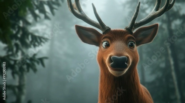 Fototapeta A friendly cartoon deer with large antlers in a misty forest setting.