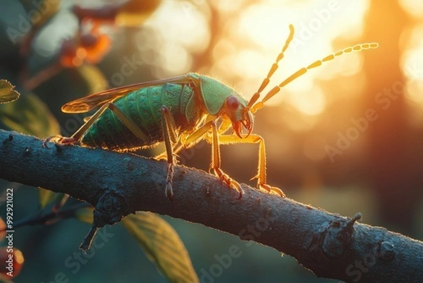 Fototapeta A Green Beetle Perched on a Branch in Golden Sunlight