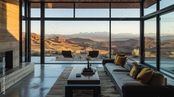 Fototapeta Modern cabin in the high desert with sweeping views of arid landscapes and distant mesas